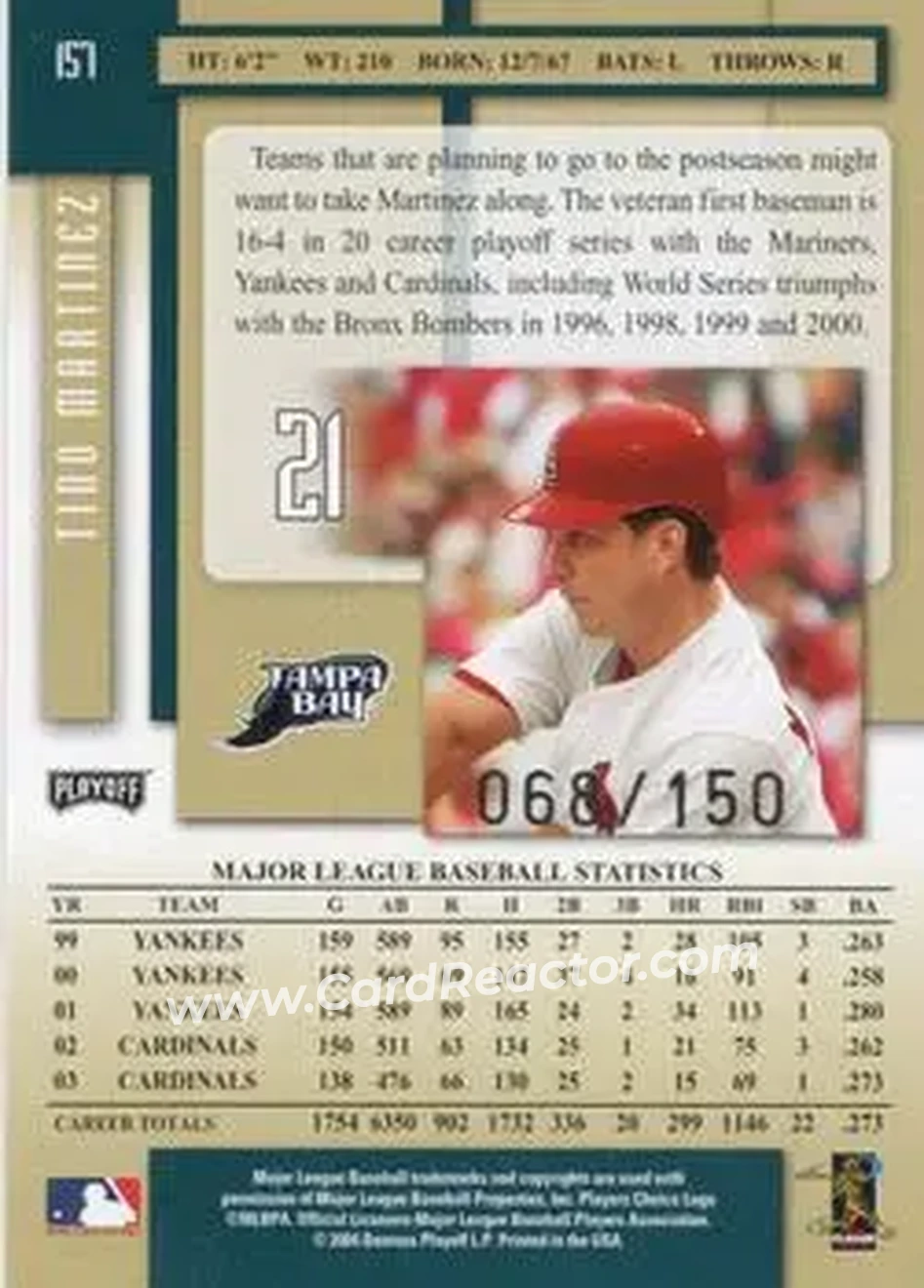 2004 Playoff Prestige - Xtra Bases Green #157 - Tino Martinez - Tampa Bay Devil Rays - Back