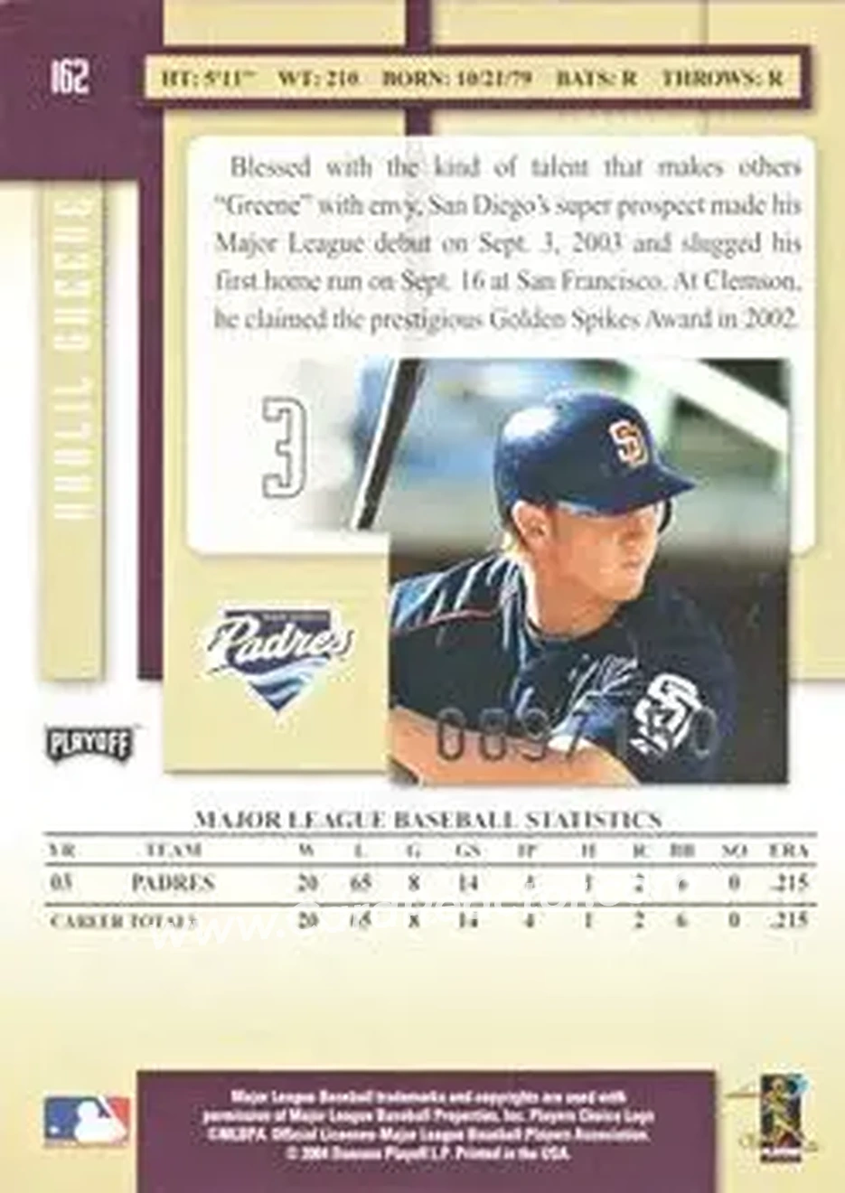 2004 Playoff Prestige - Xtra Bases Green #162 - Khalil Greene - San Diego Padres - Back