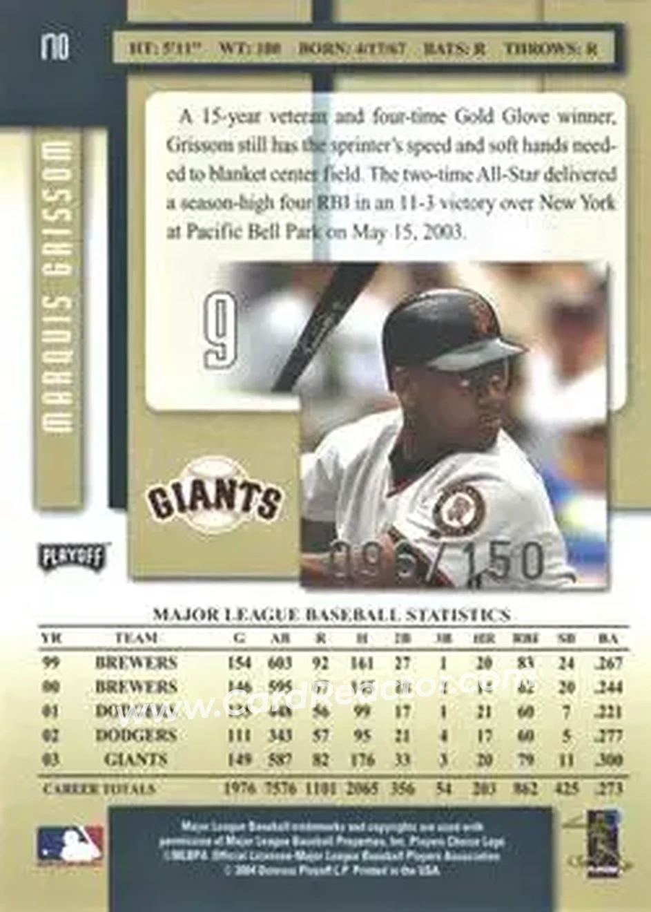 2004 Playoff Prestige - Xtra Bases Green #170 - Marquis Grissom - San Francisco Giants - Back