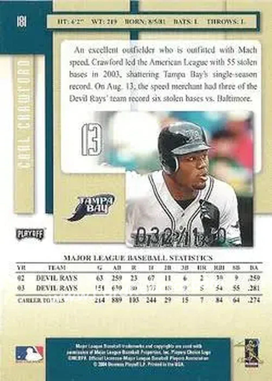 2004 Playoff Prestige - Xtra Bases Green #181 - Carl Crawford - Tampa Bay Devil Rays - Back