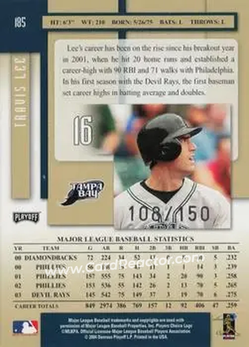 2004 Playoff Prestige - Xtra Bases Green #185 - Travis Lee - Tampa Bay Devil Rays - Back