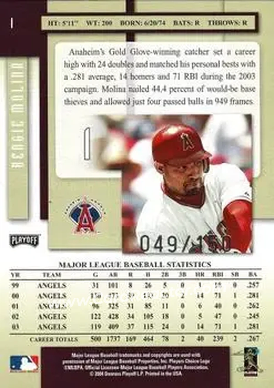 2004 Playoff Prestige - Xtra Bases Purple #1 - Bengie Molina - Anaheim Angels - Back