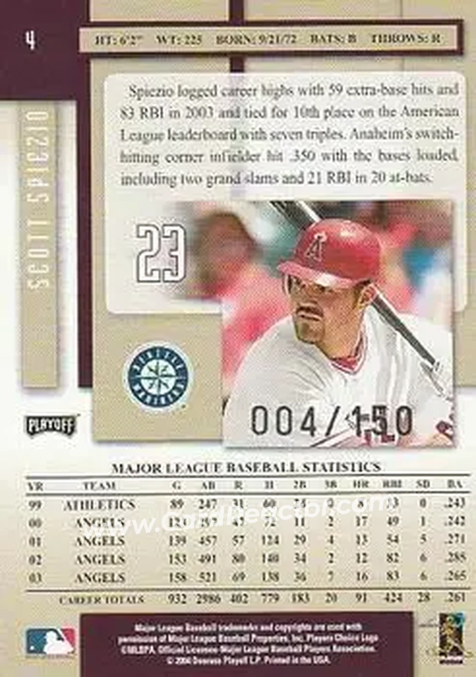 2004 Playoff Prestige - Xtra Bases Purple #4 - Scott Spiezio - Anaheim Angels - Back