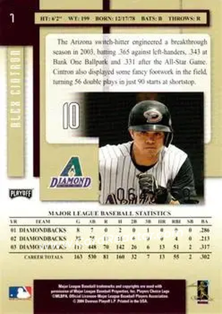 2004 Playoff Prestige - Xtra Bases Purple #7 - Alex Cintron - Arizona Diamondbacks - Back
