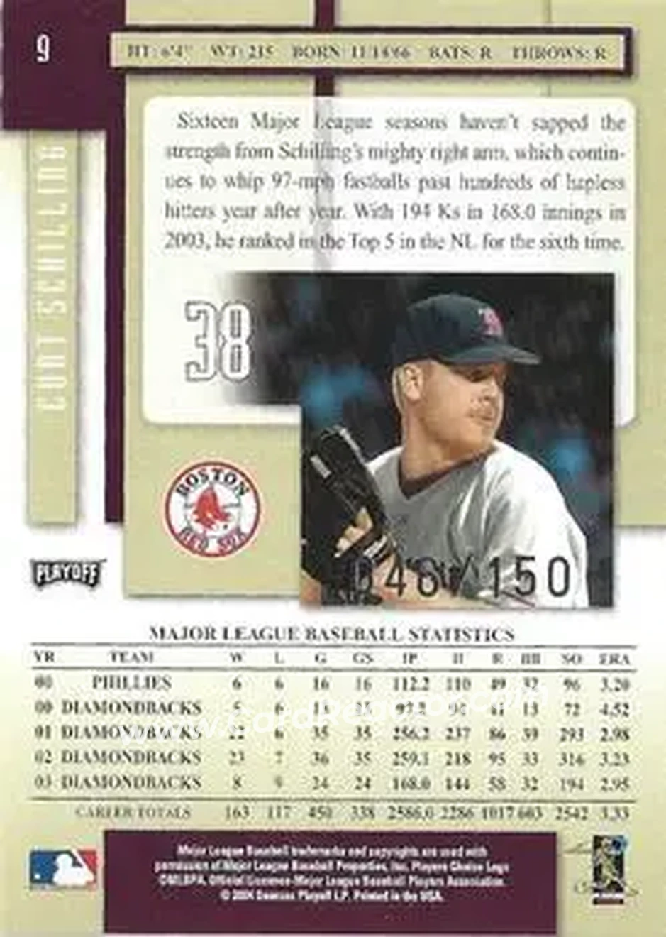 2004 Playoff Prestige - Xtra Bases Purple #9 - Curt Schilling - Boston Red Sox - Back