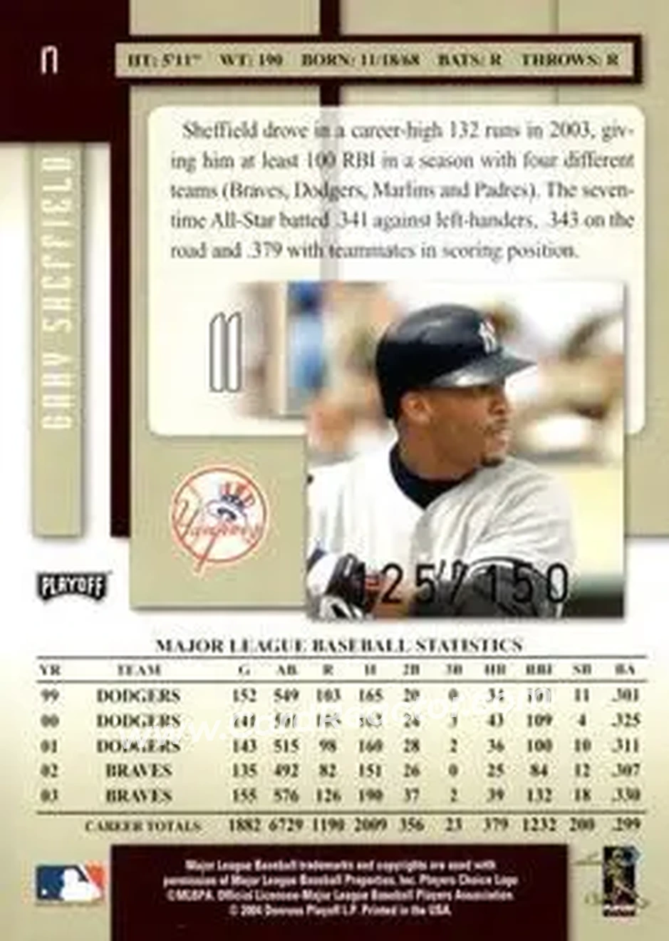 2004 Playoff Prestige - Xtra Bases Purple #17 - Gary Sheffield - New York Yankees - Back
