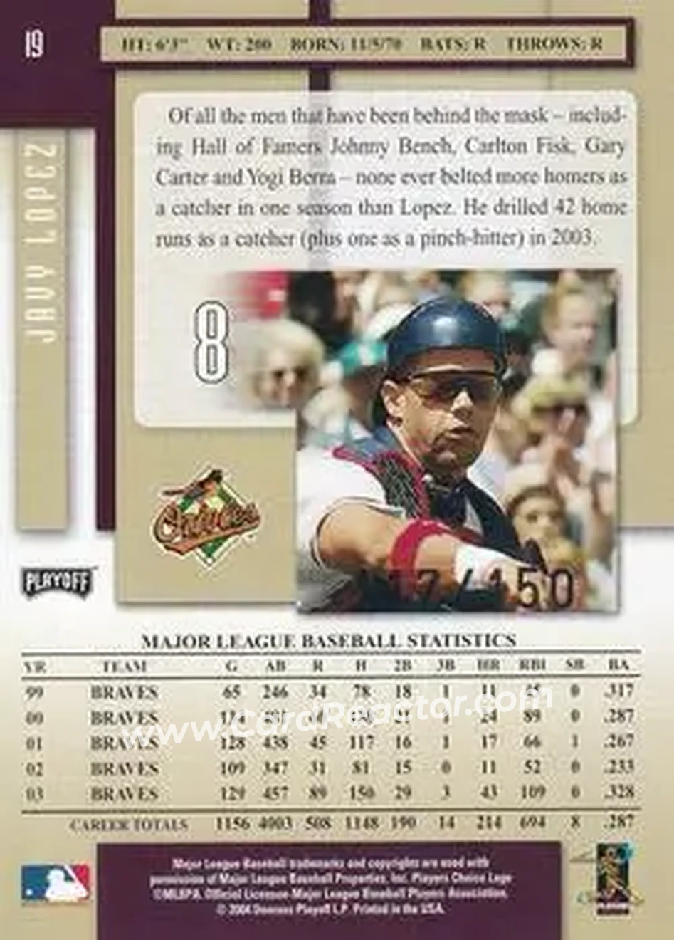 2004 Playoff Prestige - Xtra Bases Purple #19 - Javier Lopez - Baltimore Orioles - Back