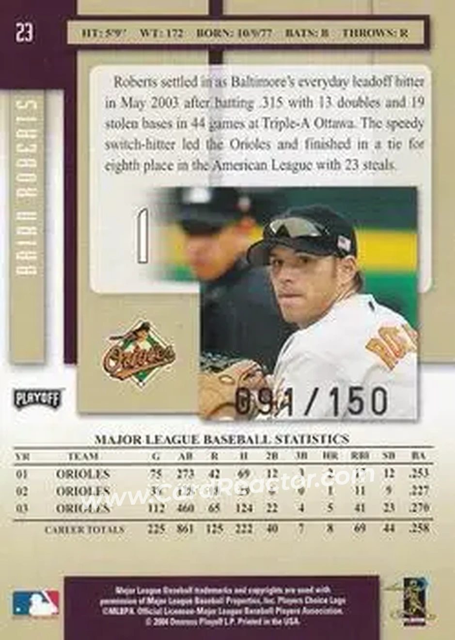 2004 Playoff Prestige - Xtra Bases Purple #23 - Brian Roberts - Baltimore Orioles - Back