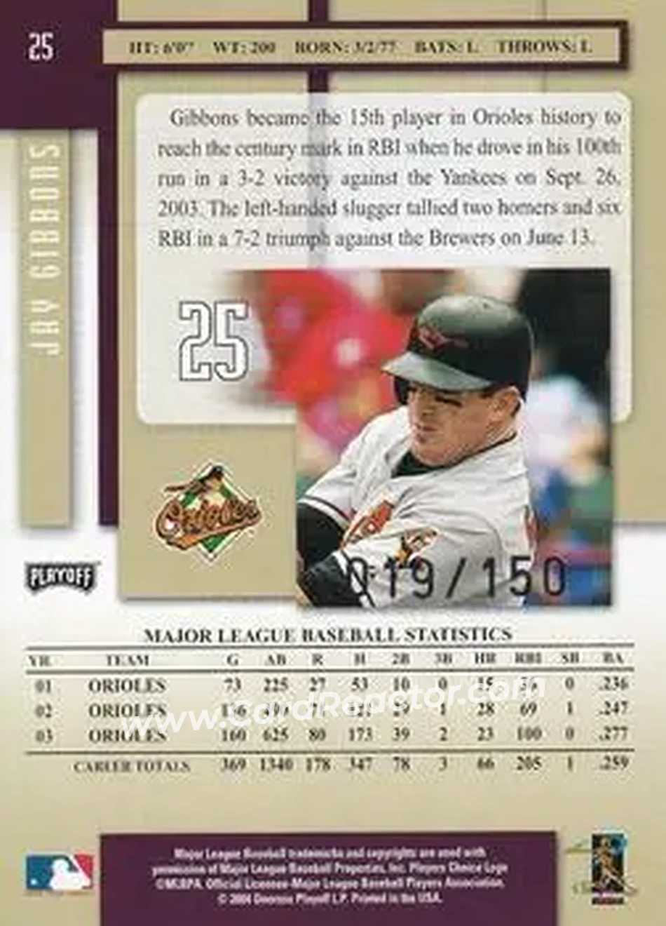 2004 Playoff Prestige - Xtra Bases Purple #25 - Jay Gibbons - Baltimore Orioles - Back