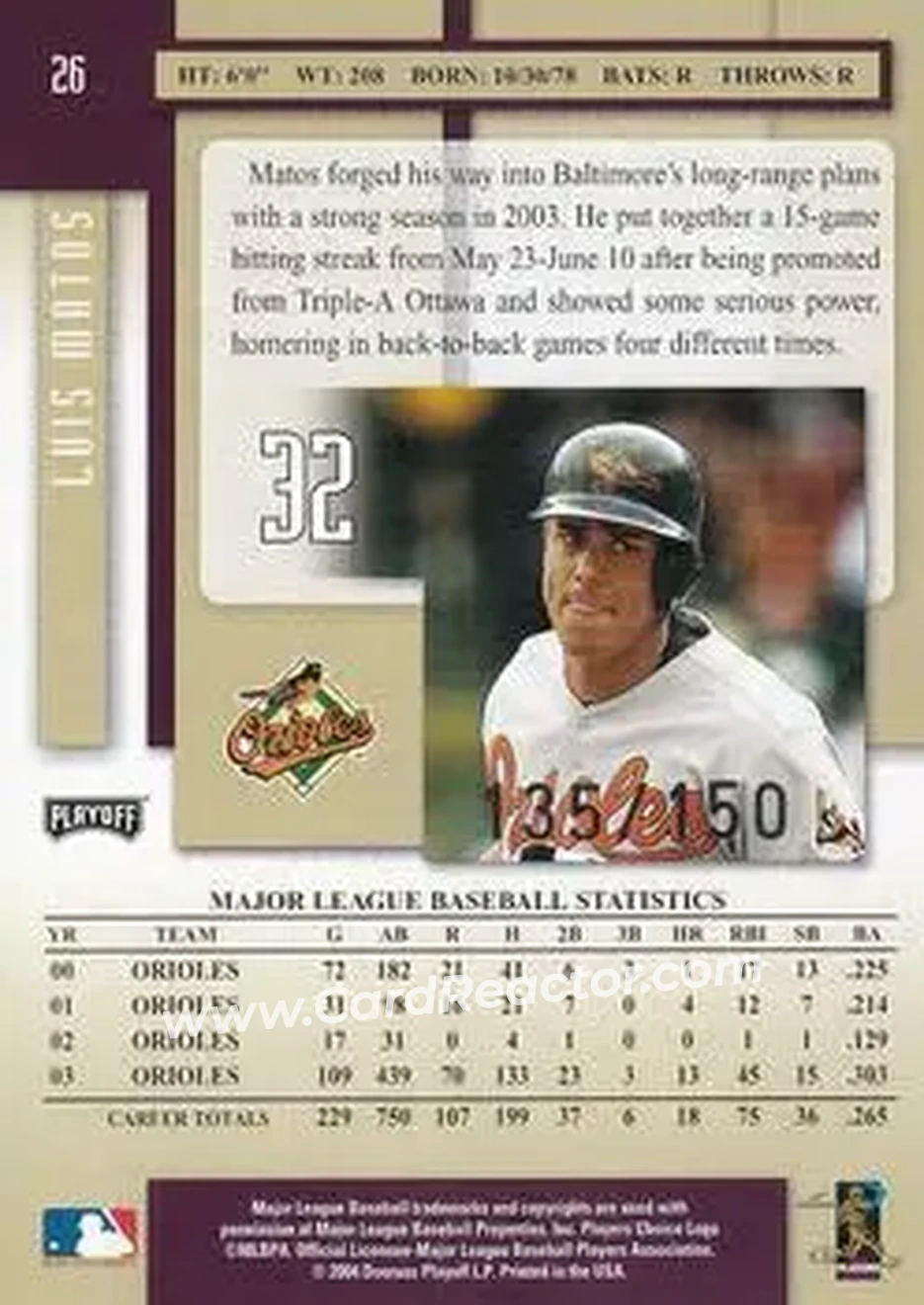 2004 Playoff Prestige - Xtra Bases Purple #26 - Luis Matos - Baltimore Orioles - Back
