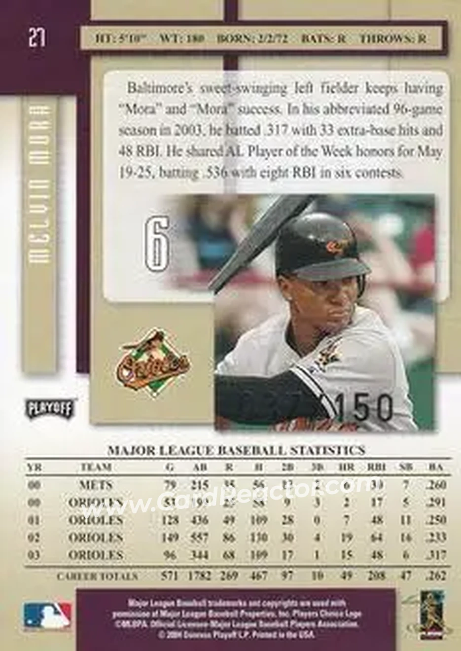 2004 Playoff Prestige - Xtra Bases Purple #27 - Melvin Mora - Baltimore Orioles - Back