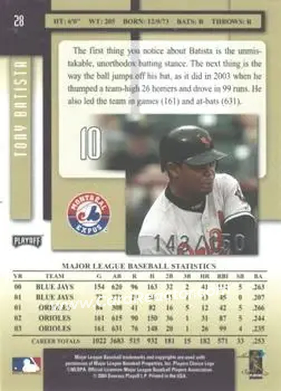 2004 Playoff Prestige - Xtra Bases Purple #28 - Tony Batista - Montreal Expos - Back