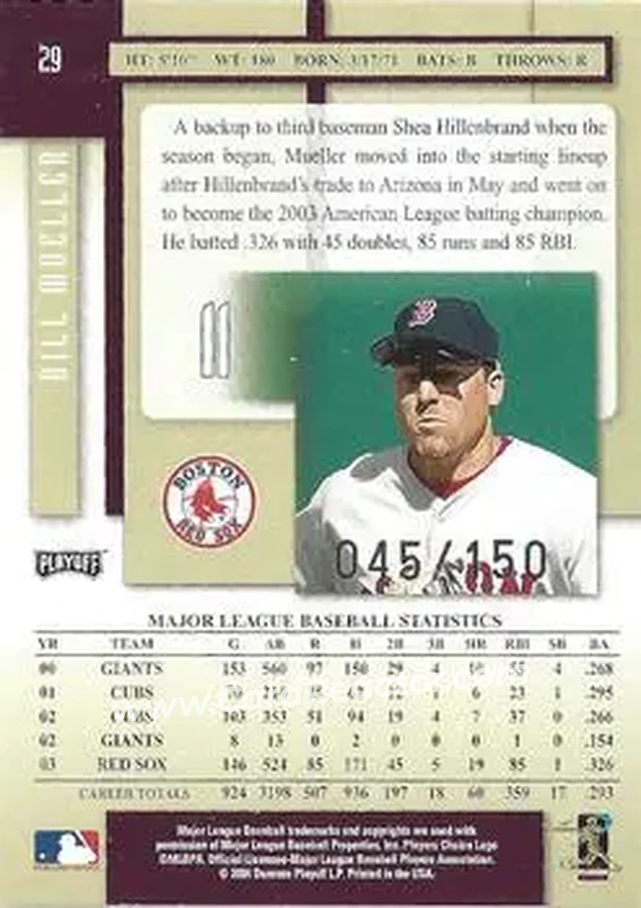 2004 Playoff Prestige - Xtra Bases Purple #29 - Bill Mueller - Boston Red Sox - Back
