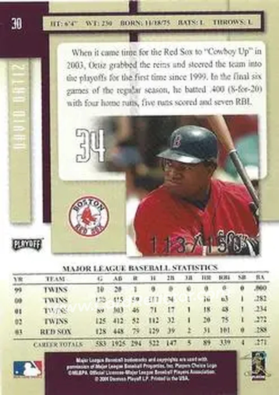 2004 Playoff Prestige - Xtra Bases Purple #30 - David Ortiz - Boston Red Sox - Back