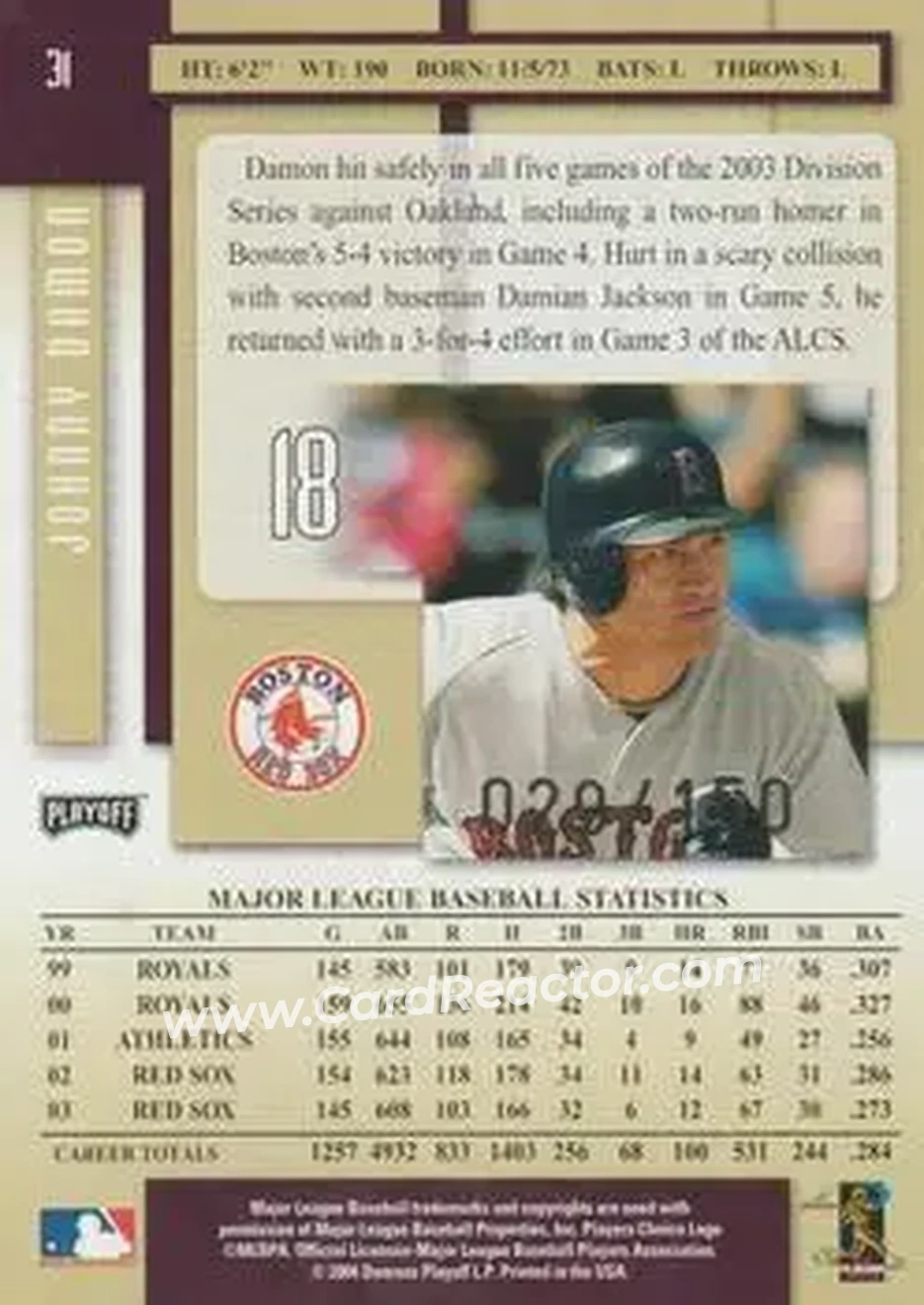 2004 Playoff Prestige - Xtra Bases Purple #31 - Johnny Damon - Boston Red Sox - Back