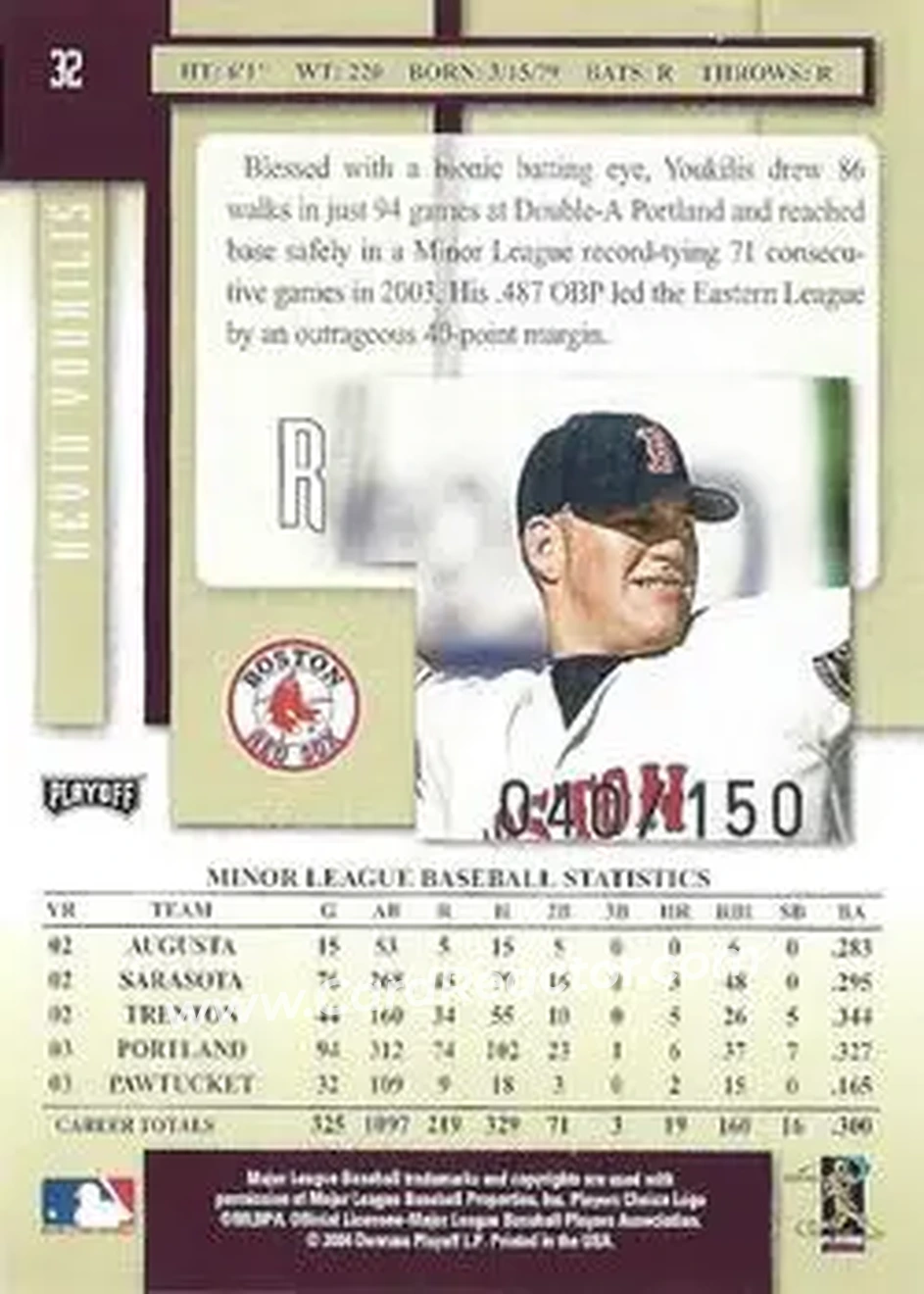 2004 Playoff Prestige - Xtra Bases Purple #32 - Kevin Youkilis - Boston Red Sox - Back