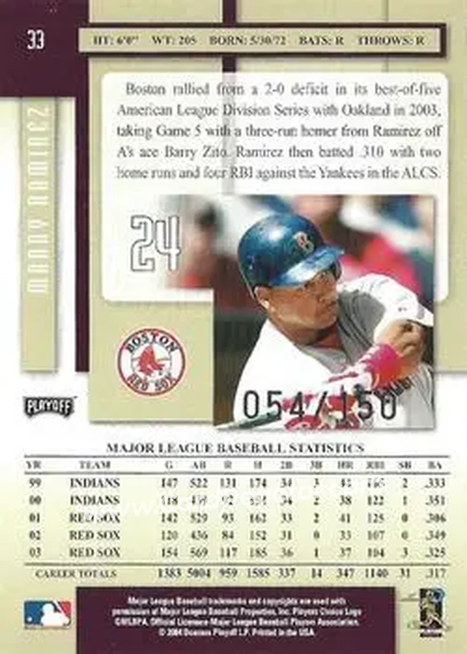 2004 Playoff Prestige - Xtra Bases Purple #33 - Manny Ramirez - Boston Red Sox - Back