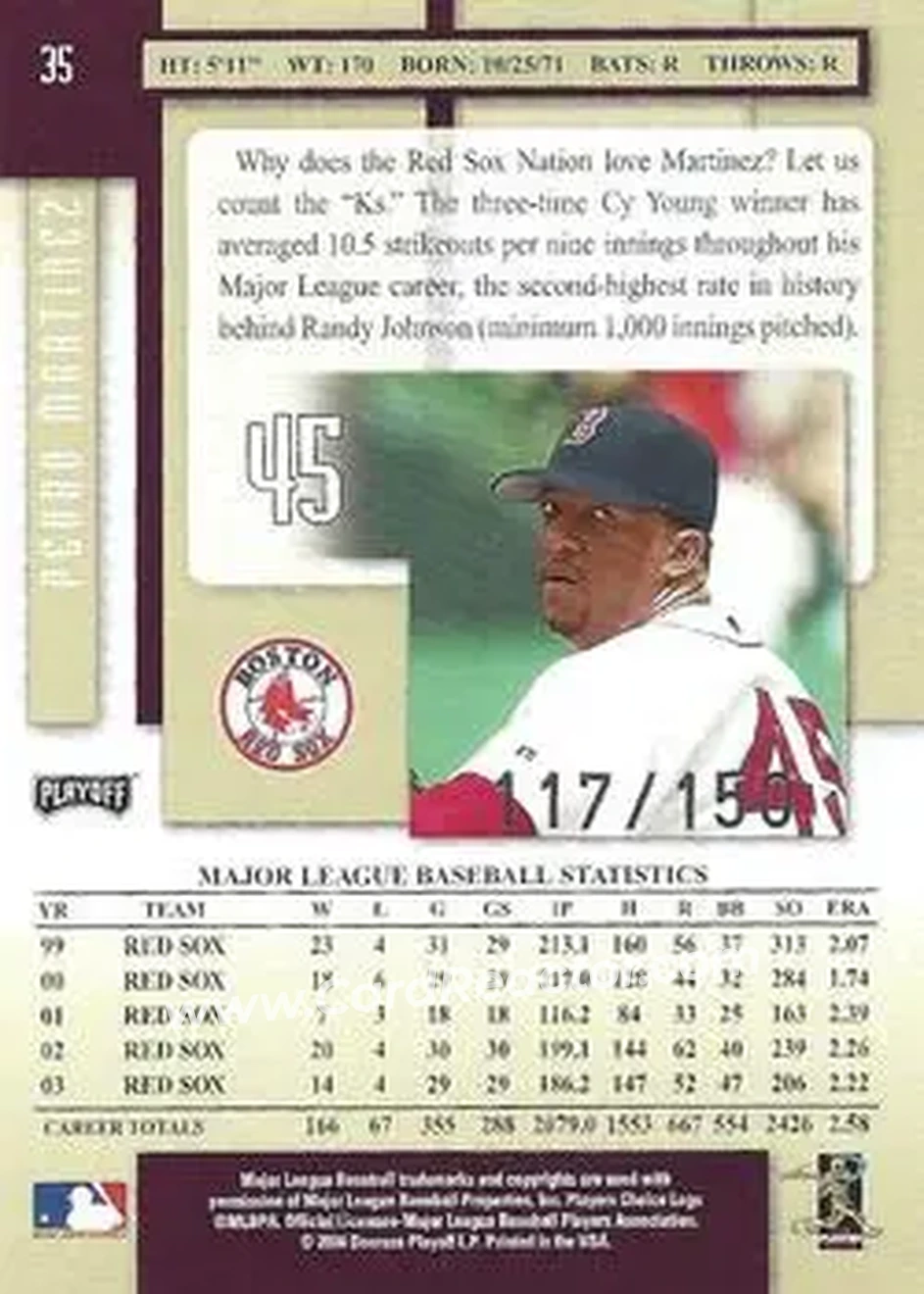 2004 Playoff Prestige - Xtra Bases Purple #35 - Pedro Martinez - Boston Red Sox - Back