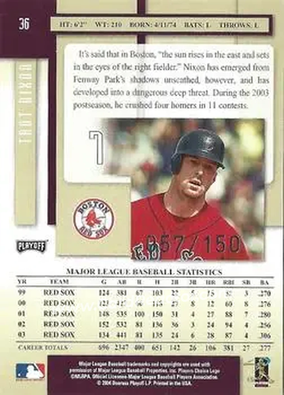 2004 Playoff Prestige - Xtra Bases Purple #36 - Trot Nixon - Boston Red Sox - Back