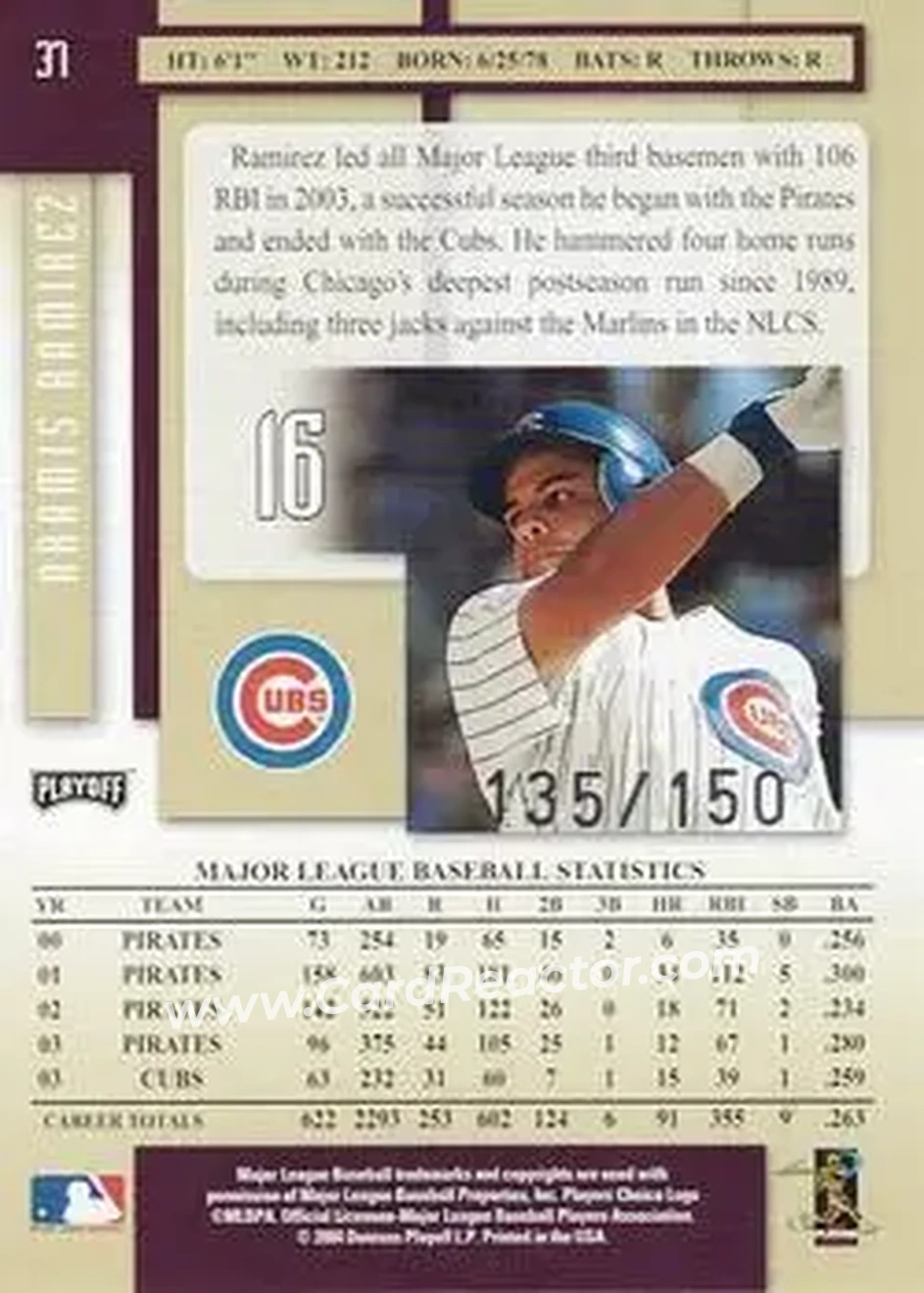 2004 Playoff Prestige - Xtra Bases Purple #37 - Aramis Ramirez - Chicago Cubs - Back