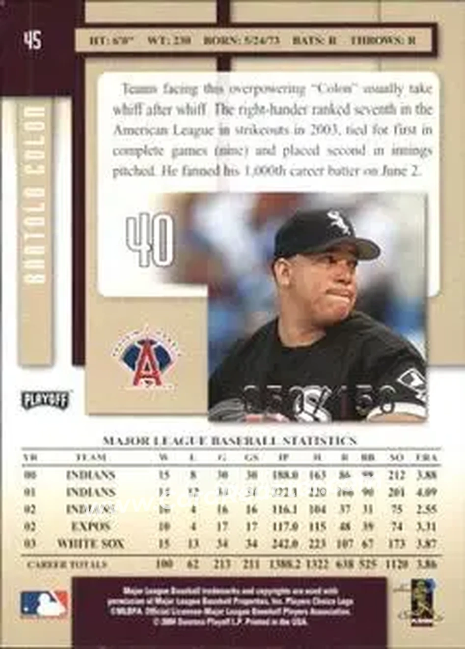2004 Playoff Prestige - Xtra Bases Purple #45 - Bartolo Colon - Anaheim Angels - Back