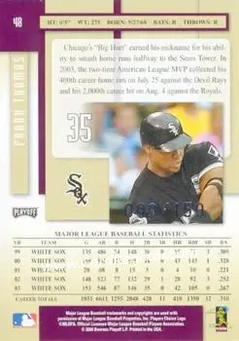 2004 Playoff Prestige - Xtra Bases Purple #48 - Frank Thomas - Chicago White Sox - Back