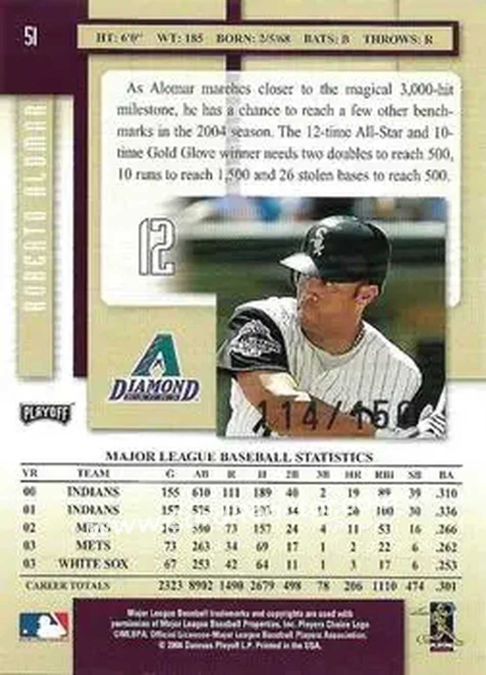 2004 Playoff Prestige - Xtra Bases Purple #51 - Roberto Alomar - Arizona Diamondbacks - Back