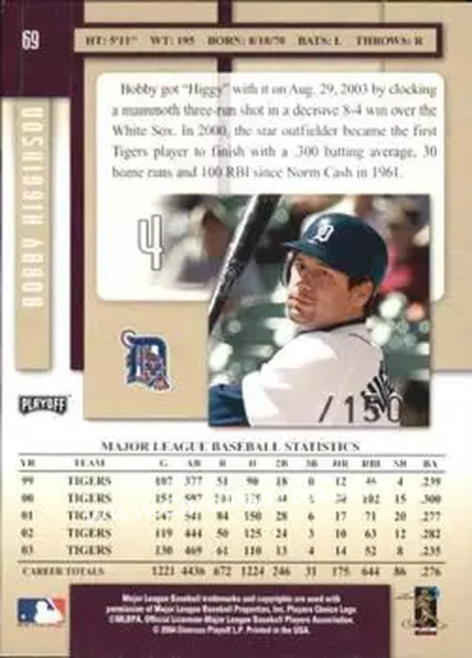 2004 Playoff Prestige - Xtra Bases Purple #69 - Bobby Higginson - Detroit Tigers - Back