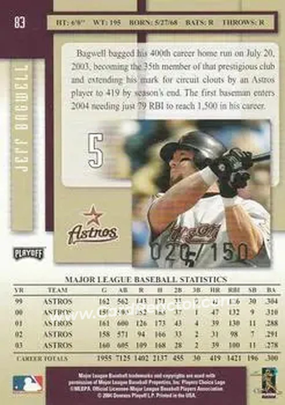 2004 Playoff Prestige - Xtra Bases Purple #83 - Jeff Bagwell - Houston Astros - Back