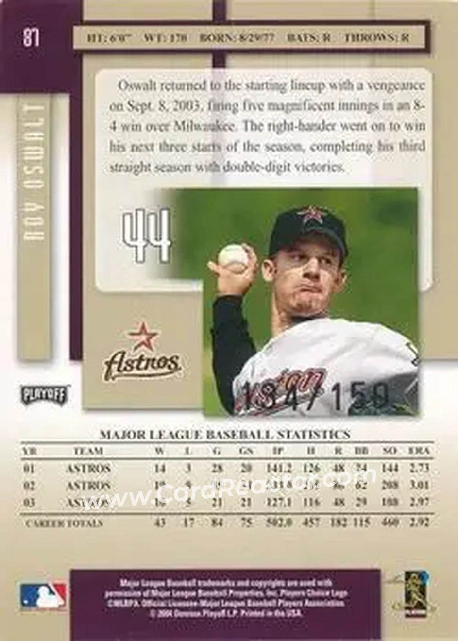 2004 Playoff Prestige - Xtra Bases Purple #87 - Roy Oswalt - Houston Astros - Back