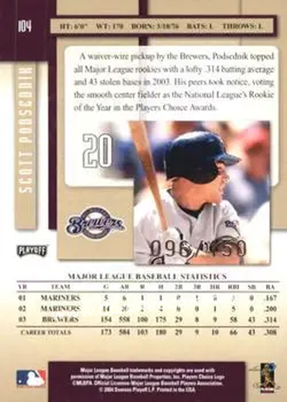 2004 Playoff Prestige - Xtra Bases Purple #104 - Scott Podsednik - Milwaukee Brewers - Back