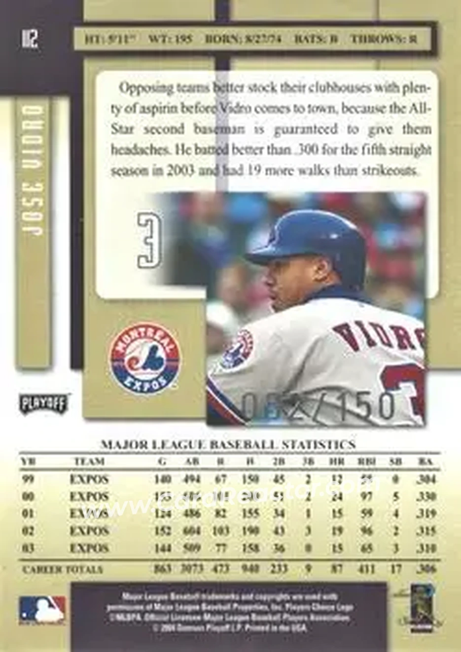 2004 Playoff Prestige - Xtra Bases Purple #112 - Jose Vidro - Montreal Expos - Back