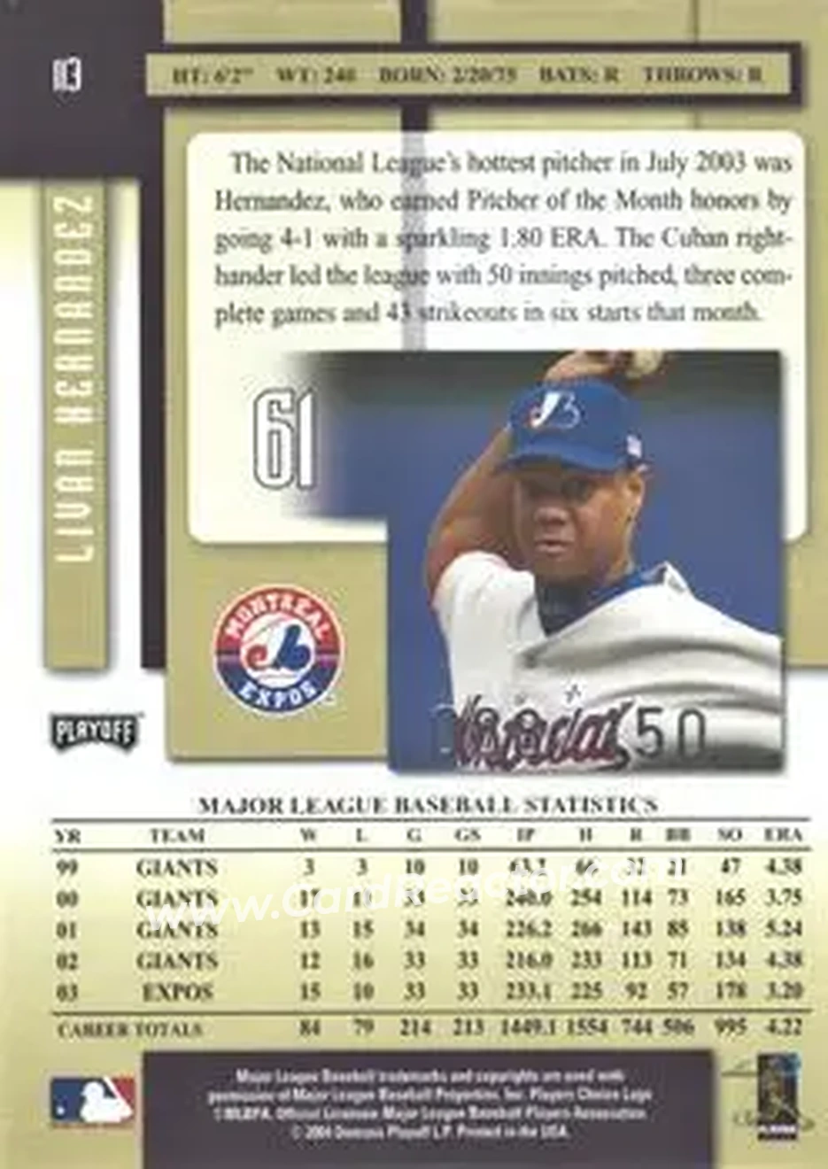 2004 Playoff Prestige - Xtra Bases Purple #113 - Livan Hernandez - Montreal Expos - Back