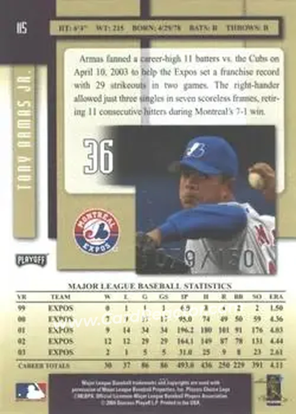 2004 Playoff Prestige - Xtra Bases Purple #115 - Tony Armas, Jr. - Montreal Expos - Back