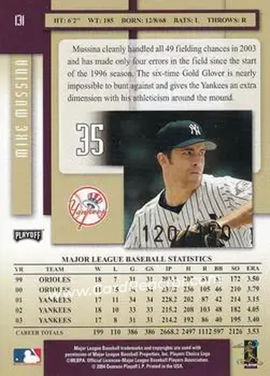 2004 Playoff Prestige - Xtra Bases Purple #131 - Mike Mussina - New York Yankees - Back