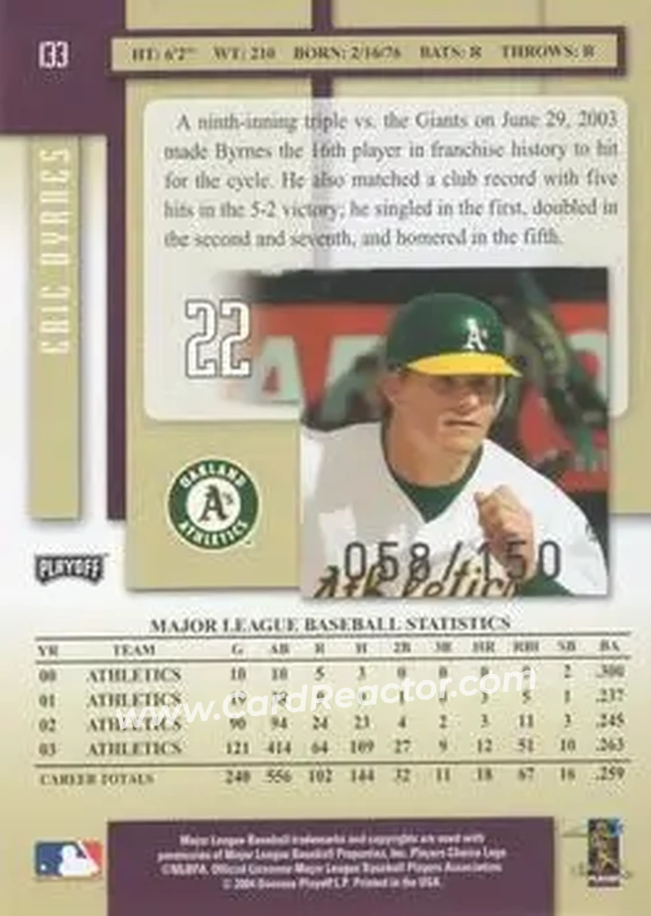 2004 Playoff Prestige - Xtra Bases Purple #133 - Eric Byrnes - Oakland Athletics - Back