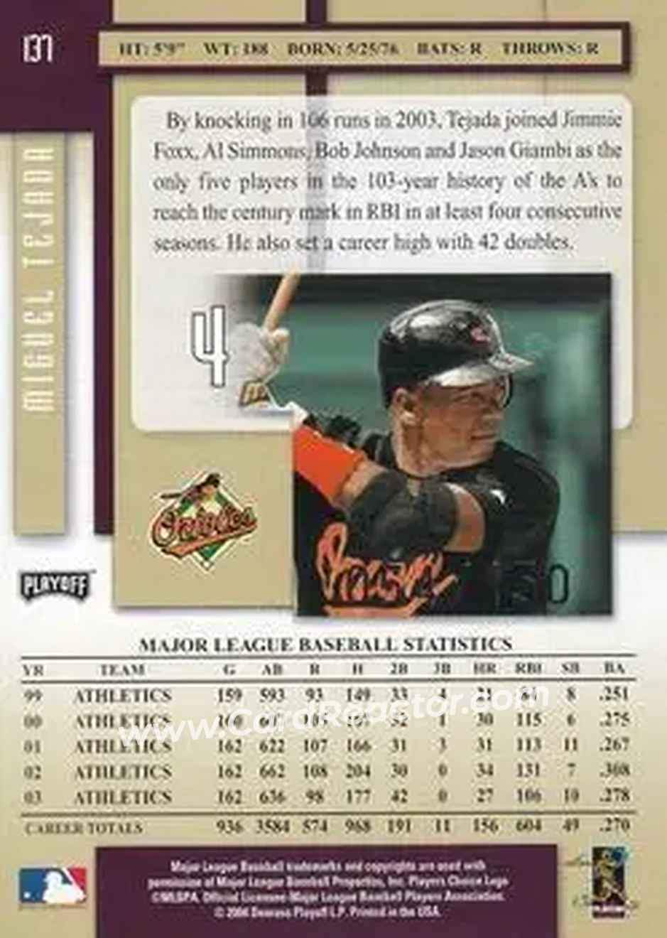 2004 Playoff Prestige - Xtra Bases Purple #137 - Miguel Tejada - Baltimore Orioles - Back