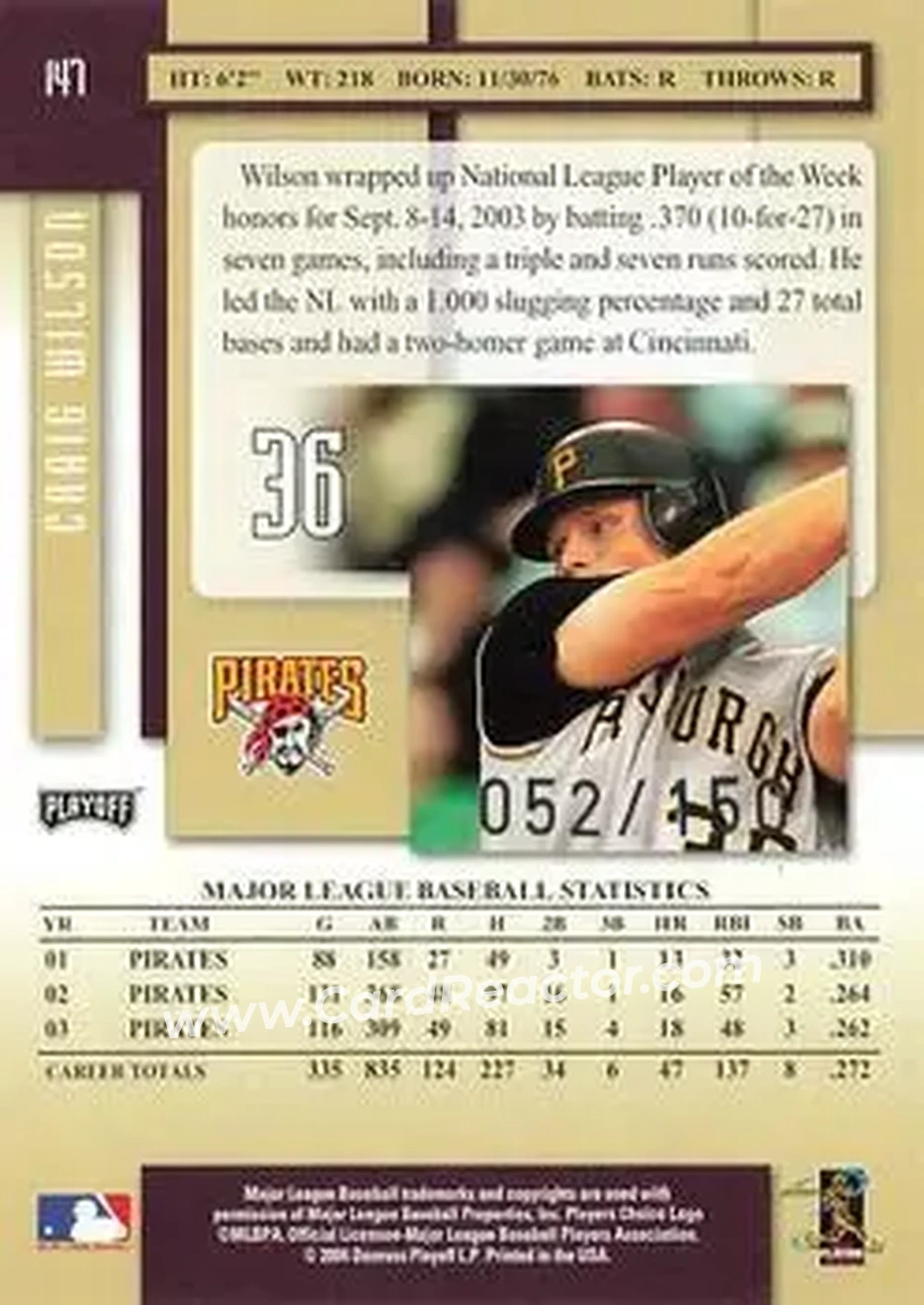 2004 Playoff Prestige - Xtra Bases Purple #147 - Craig Wilson - Pittsburgh Pirates - Back