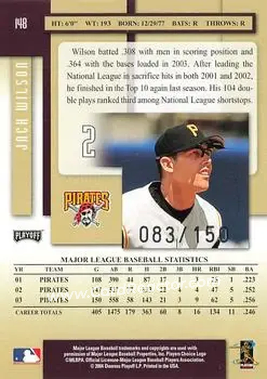 2004 Playoff Prestige - Xtra Bases Purple #148 - Jack Wilson - Pittsburgh Pirates - Back 2004 Playoff Prestige - Xtra Bases Purple #148 - Jack Wilson - Pittsburgh Pirates - Back