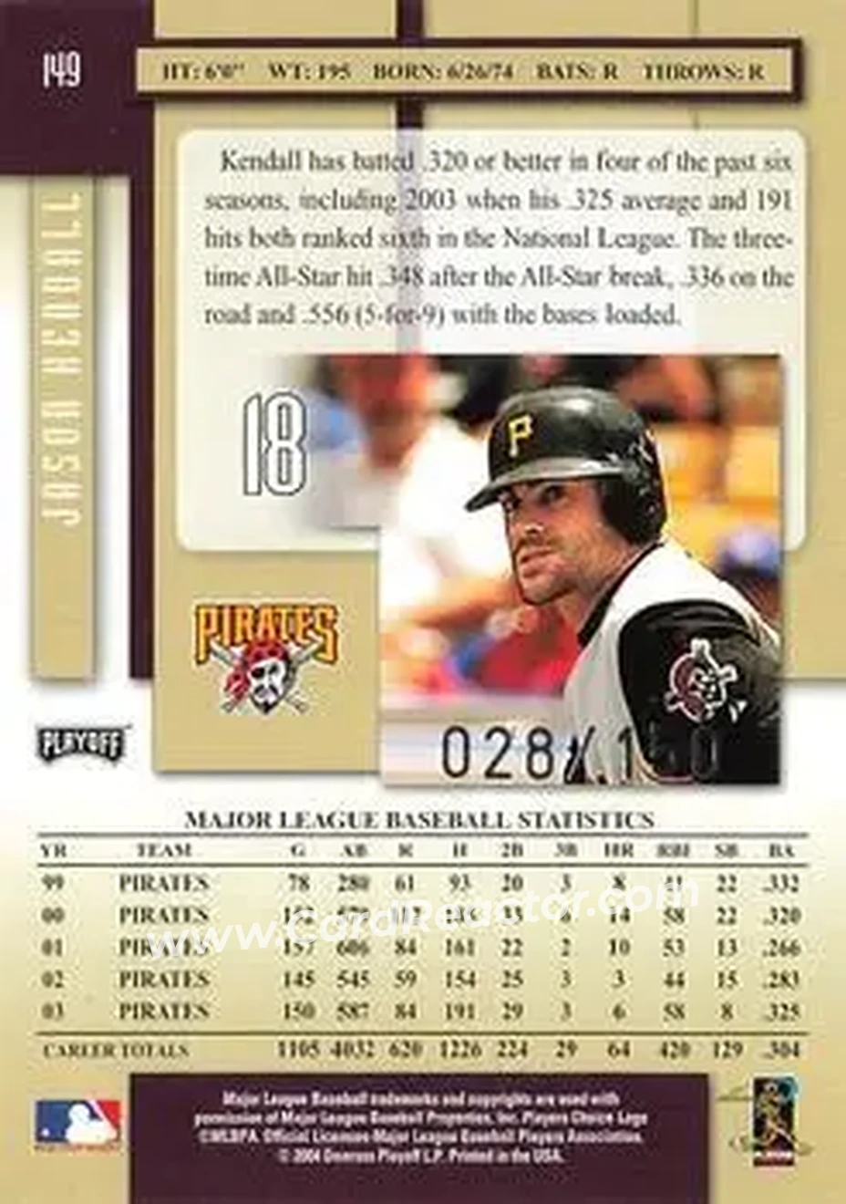 2004 Playoff Prestige - Xtra Bases Purple #149 - Jason Kendall - Pittsburgh Pirates - Back