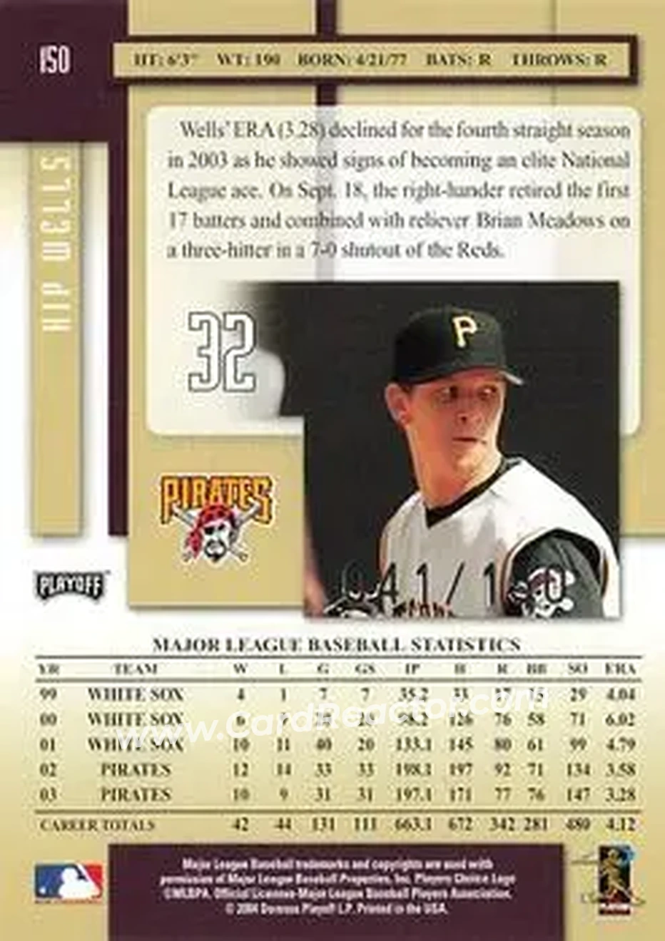 2004 Playoff Prestige - Xtra Bases Purple #150 - Kip Wells - Pittsburgh Pirates - Back
