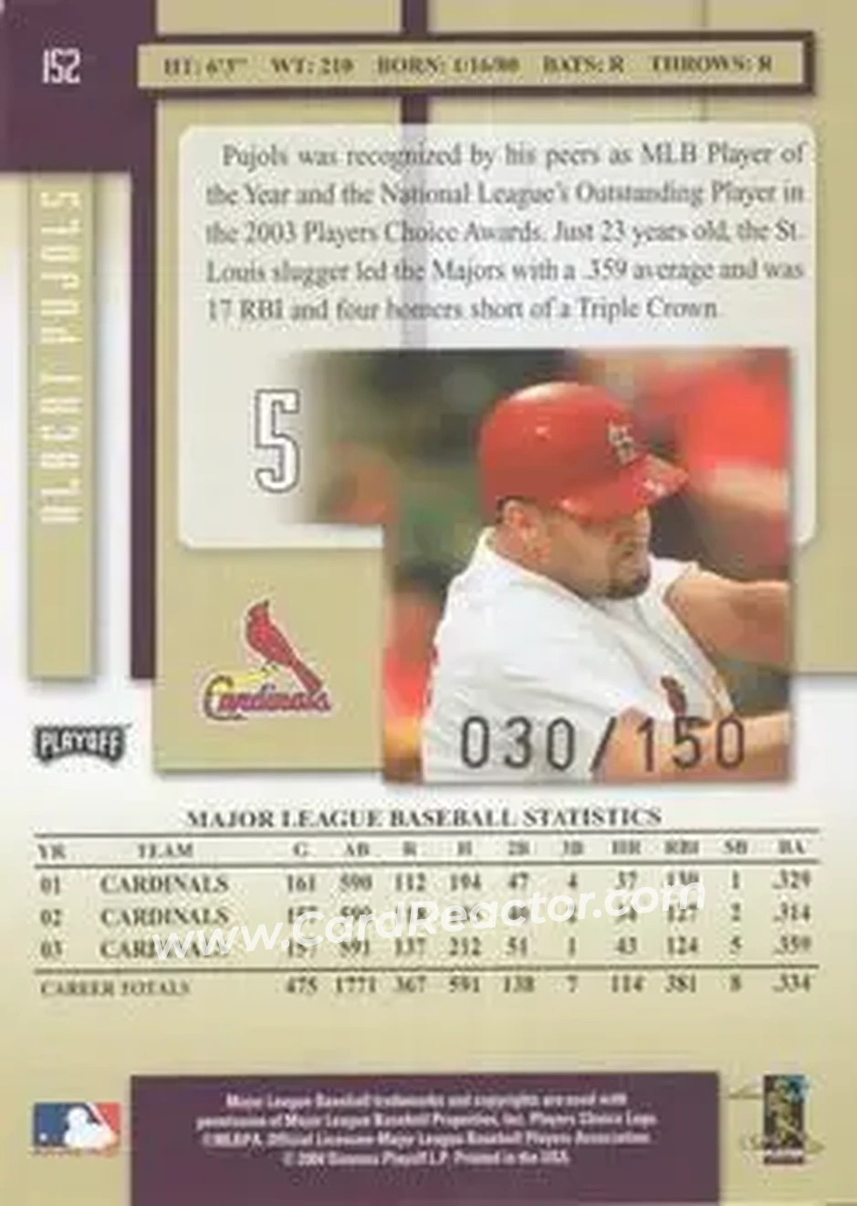 2004 Playoff Prestige - Xtra Bases Purple #152 - Albert Pujols - St. Louis Cardinals - Back