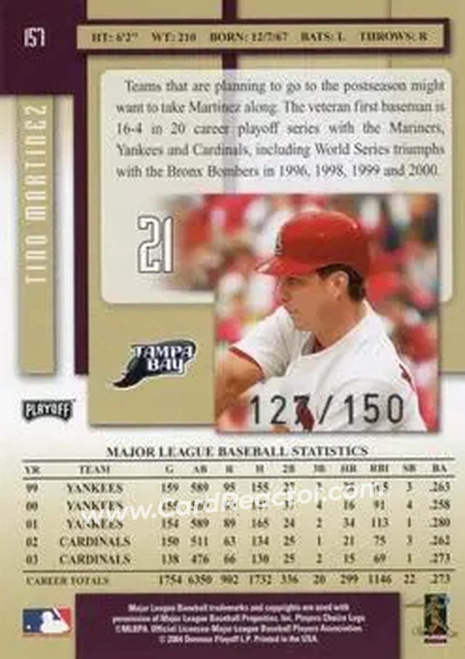 2004 Playoff Prestige - Xtra Bases Purple #157 - Tino Martinez - Tampa Bay Devil Rays - Back