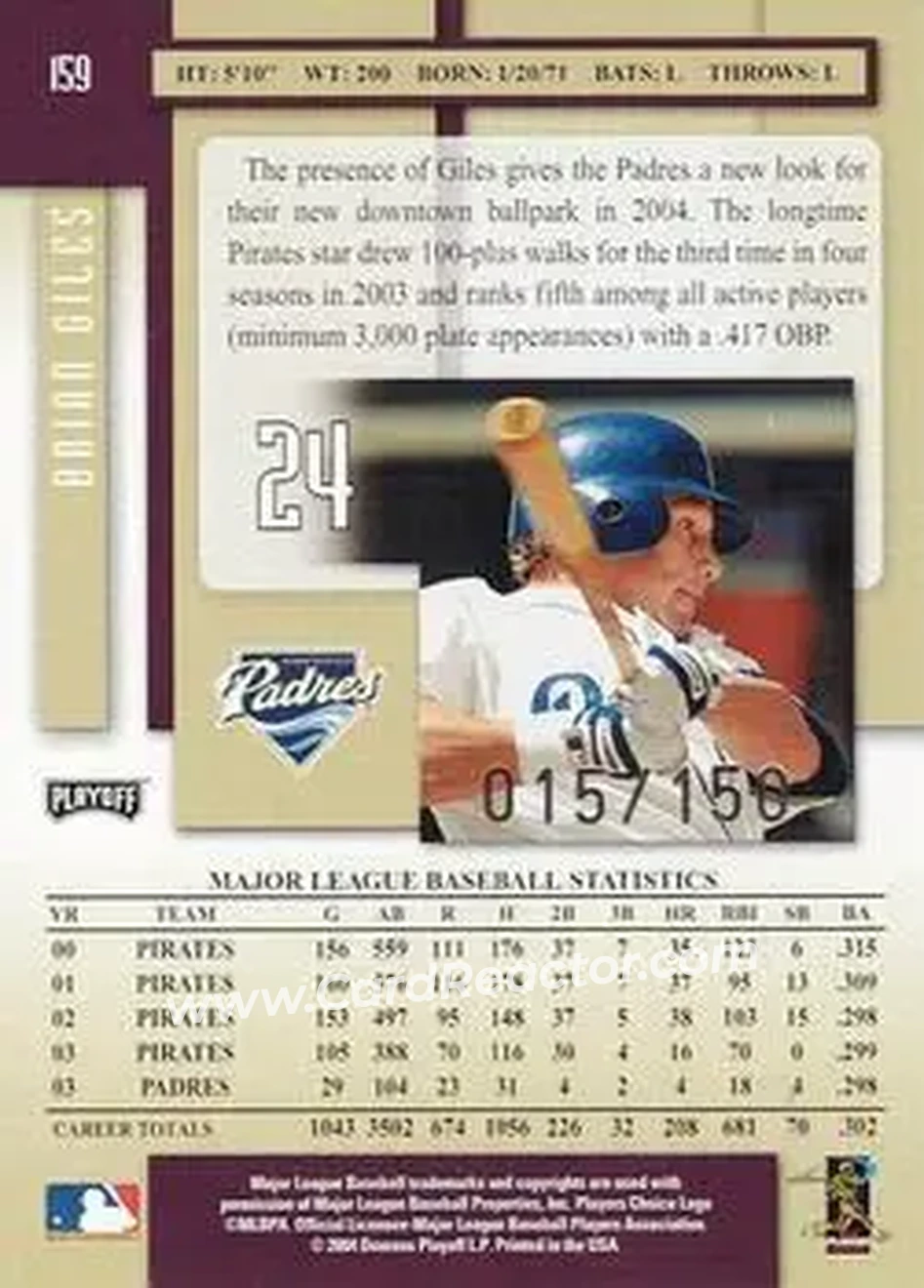 2004 Playoff Prestige - Xtra Bases Purple #159 - Brian Giles - San Diego Padres - Back