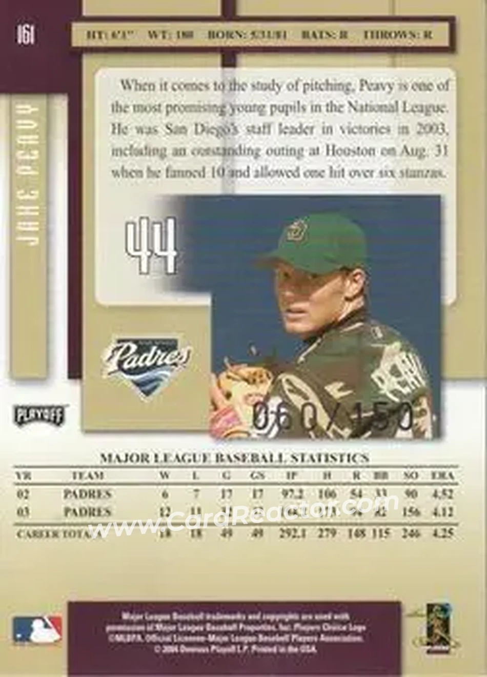 2004 Playoff Prestige - Xtra Bases Purple #161 - Jake Peavy - San Diego Padres - Back