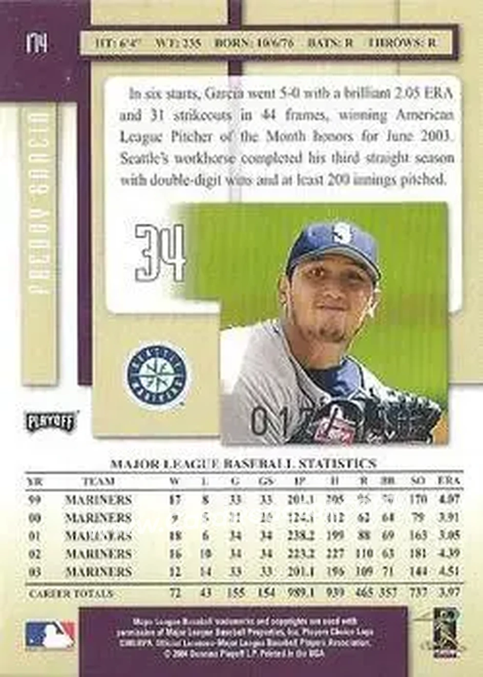 2004 Playoff Prestige - Xtra Bases Purple #174 - Freddy Garcia - Seattle Mariners - Back