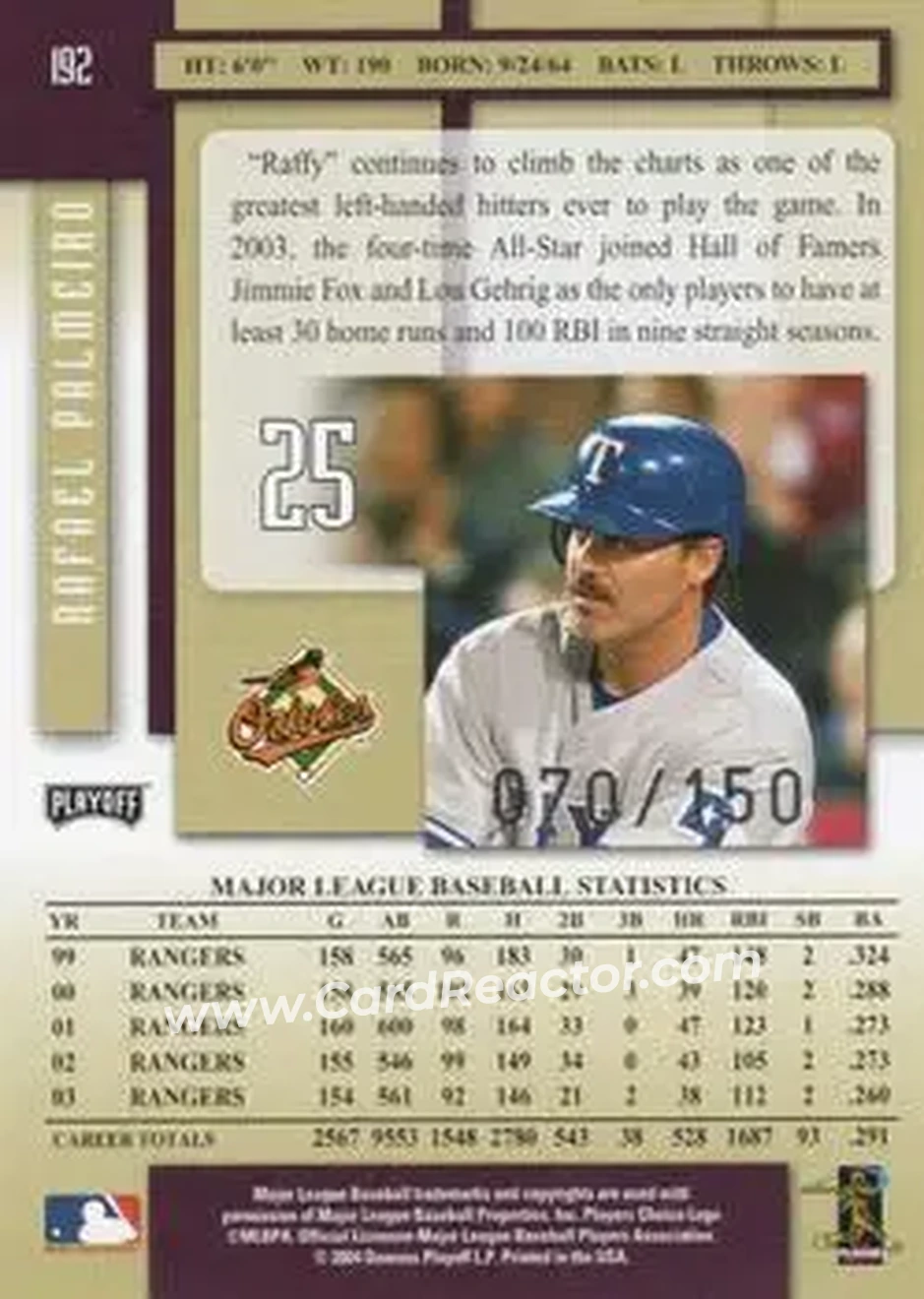2004 Playoff Prestige - Xtra Bases Purple #192 - Rafael Palmeiro - Baltimore Orioles - Back