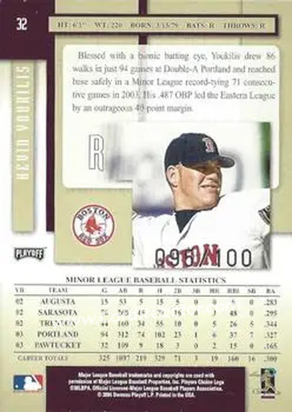2004 Playoff Prestige - Xtra Bases Purple Autographs #32 - Kevin Youkilis - Boston Red Sox - Back