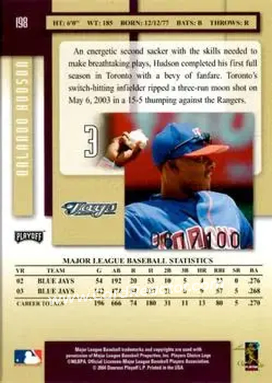 2004 Playoff Prestige - Xtra Bases Purple Autographs #198 - Orlando Hudson - Toronto Blue Jays - Back