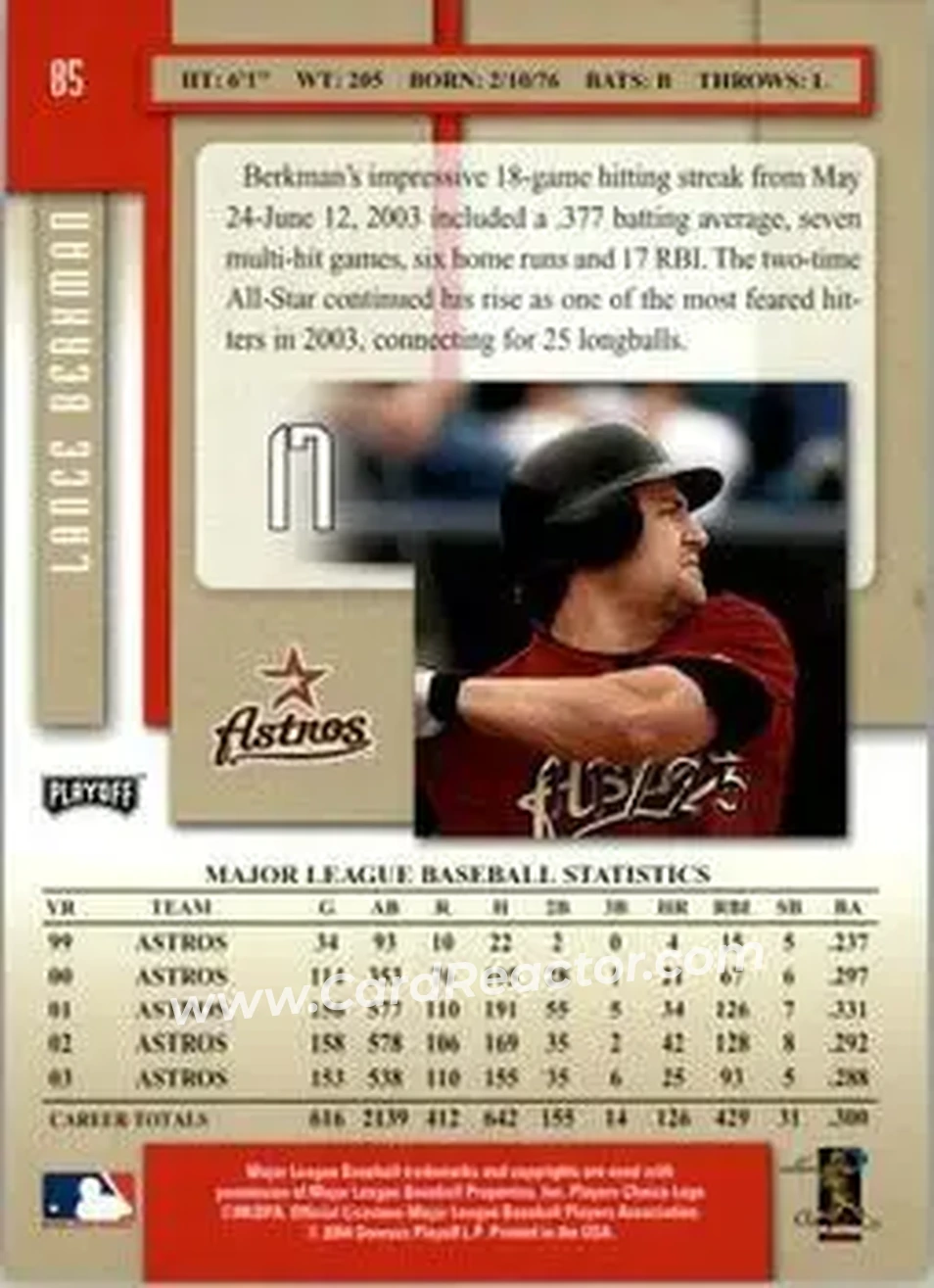 2004 Playoff Prestige - Xtra Bases Red #85 - Lance Berkman - Houston Astros - Back